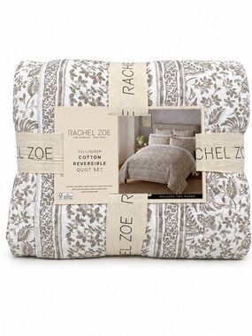Rachel Zoe Taupe & White Reversible Cotton Floral Paisley Quilt Set